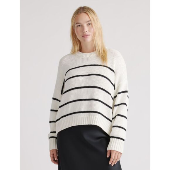 Quince Sweaters - Quince Black and White Striped Crew Neck Sweater